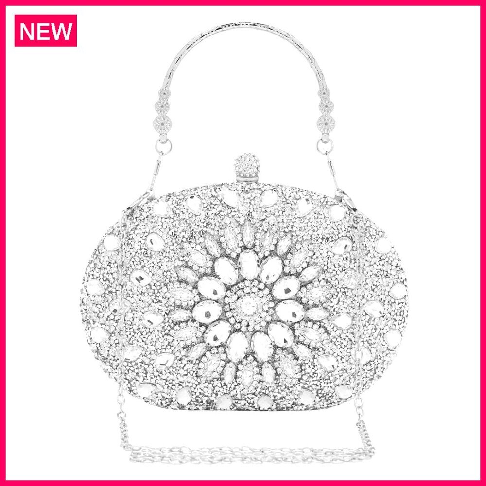 Crystal Floral Silver Evening Clutch with Detachable Chain
